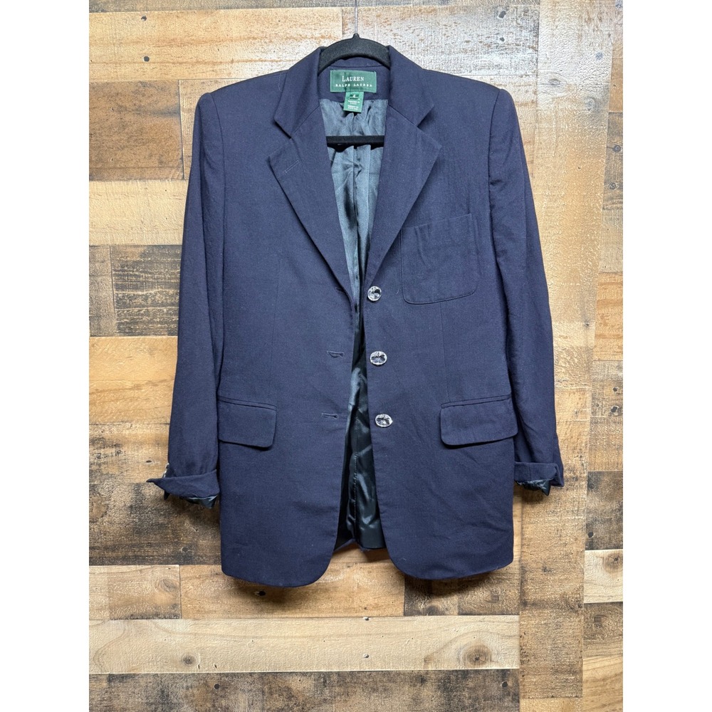 Lauren Ralph Lauren Navy Blue 100% Pure‎ Wool 3-Button Blazer Jacket Womens 4